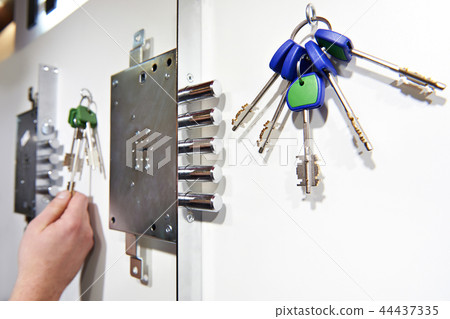 Door lock and keys in store on white wall Door lock and keys in store on white wall 44437335