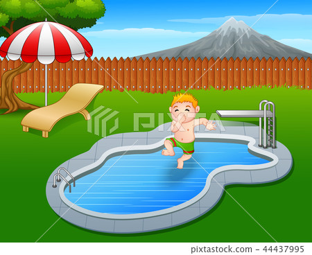 Cartoon boy jumping holding his nose 44437995