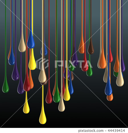 3D multicolor glossy paint drop blobs on black background 44439414