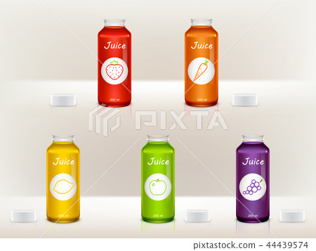 set of realistic juice bottles, jars. Glass, plastic transparent containers. Package design for 44439574