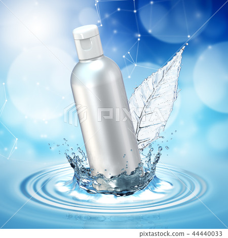 Cream bottle mock up in water splash on blue bokeh background. 44440033