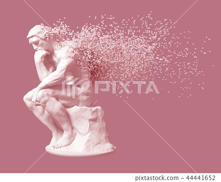 Desintegration Of Sculpture Thinker On Pink Background 44441652