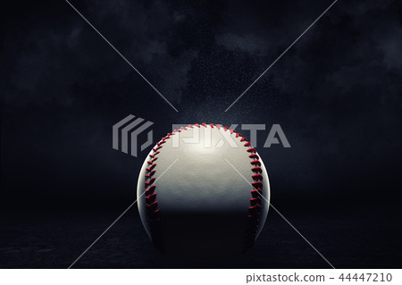 3d rendering of a single baseball ball in a close view under a spotlight on a dark background. 44447210
