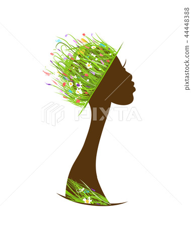 Organic hair care concept, female head with hat made from grass Organic hair care concept, female head with hat made from grass 44448388