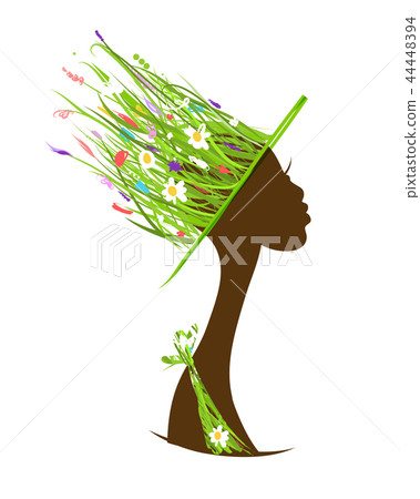 Organic hair care concept, female head with hat made from grass Organic hair care concept, female head with hat made from grass 44448394