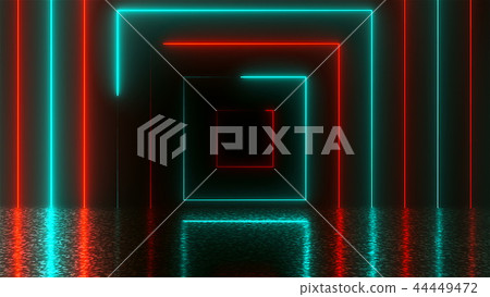 Abstract square neon tunnel with reflection, computer generated background, 3D rendering 44449472