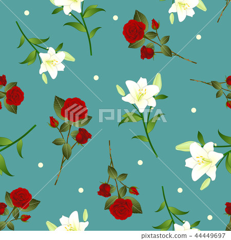 Red Rose and White Lily Flower Green Background. 44449697