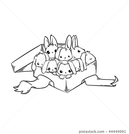 Holiday card with Cute Rabbits in a present box. Holiday card with Cute Rabbits in a present box. 44449991