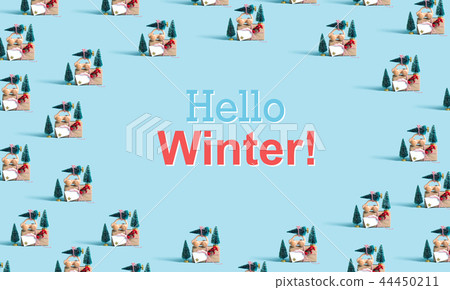 Hello winter message with car carrying Christmas trees Hello winter message with car carrying Christmas trees 44450211