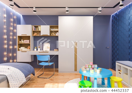 3d render of the children's bedroom interior in deep blue color. 44452337