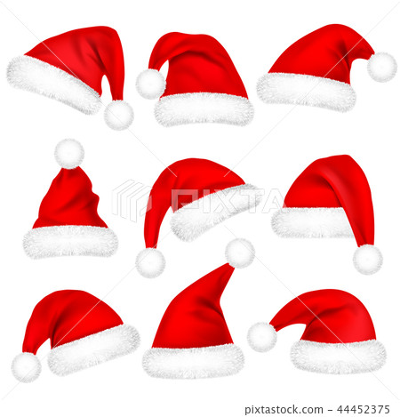 Christmas Santa Claus Hats With Fur Set. New Year Red Hat Isolated on White Background. Winter Cap 44452375