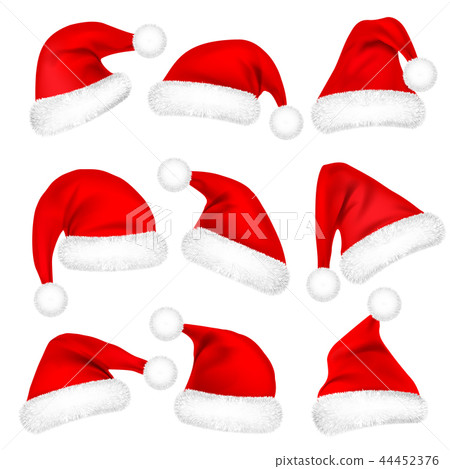 Christmas Santa Claus Hats With Fur Set. New Year Red Hat Isolated on White Background. Winter Cap 44452376