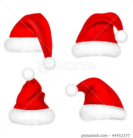 Christmas Santa Claus Hats With Fur Set. New Year Red Hat Isolated on White Background. Winter Cap 44452377