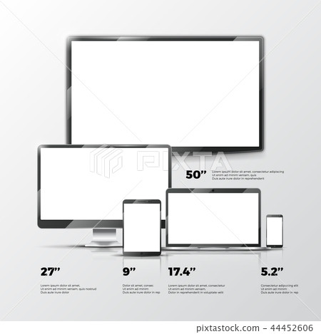 Blank TV screen, lcd monitor, notebook, tablet computer, smartphone mockups isolated on white Blank TV screen, lcd monitor, notebook, tablet computer, smartphone mockups isolated on white 44452606