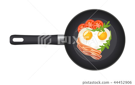 Pan with fried egg in the shape of a heart, with bacon, tomatoes and arugula. Top view. Creative Pan with fried egg in the shape of a heart, with bacon, tomatoes and arugula. Top view. Creative 44452906