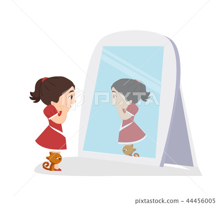Cute Girl looking and cat standing in mirror 44456005