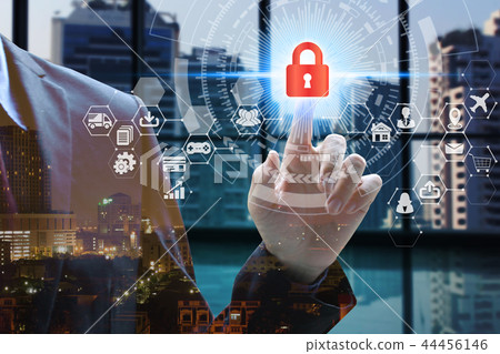 Businessman touch virtual screen padlock Businessman touch virtual screen padlock 44456146