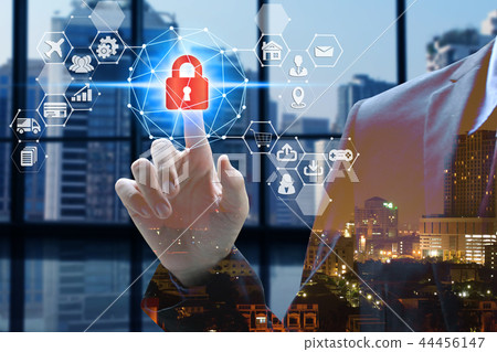 Businessman touch virtual screen padlock 44456147