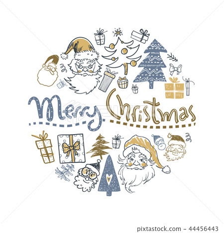 Winter holiday round illustration with doodle hand drawn Santa,  44456443