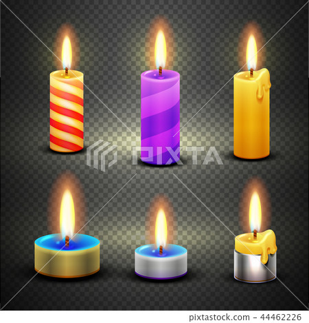 Different candles with flame vector set isolated on checkered transparent backdrop Different candles with flame vector set isolated on checkered transparent backdrop 44462226