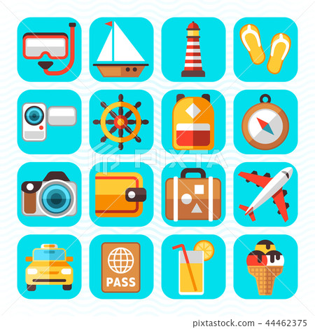 Travel tourism and vacation vector flat icons - Stock Illustration ...