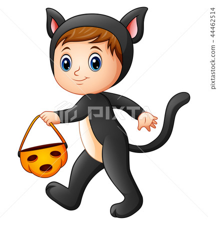 Little girl in cat costume with pumpkin basket Little girl in cat costume with pumpkin basket 44462514