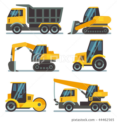 Construction machines, heavy equipment, vehicles flat vector icons Construction machines, heavy equipment, vehicles flat vector icons 44462565