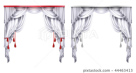 silk, velvet drapes with red or white tassels. Theatrical curtain with folds.Concept for silk, velvet drapes with red or white tassels. Theatrical curtain with folds.Concept for 44463413