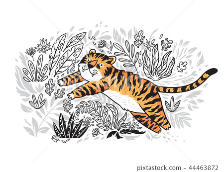Contour print of jungle with orange tiger in cartoon style. Tiger is jumping in tropical garden. Contour print of jungle with orange tiger in cartoon style. Tiger is jumping in tropical garden. 44463872