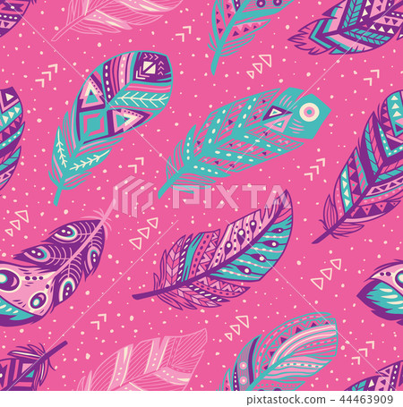 Tribal feathers pattern in blue, pink and purple colors. Vector creative illustration 44463909