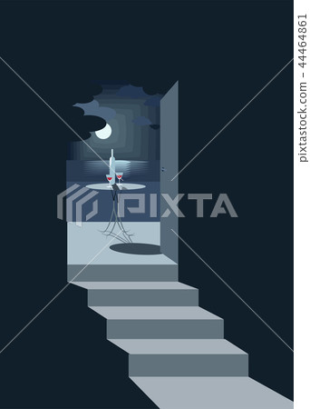 Exit On The Terrace By The Sea In The Moonlight Stock Illustration