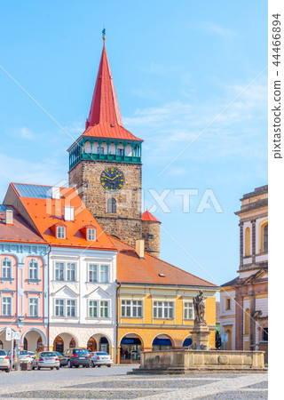 Colorful renaissance houses and Valdice Gate at Wallenstein Square in Jicin, Czech Republic 44466894