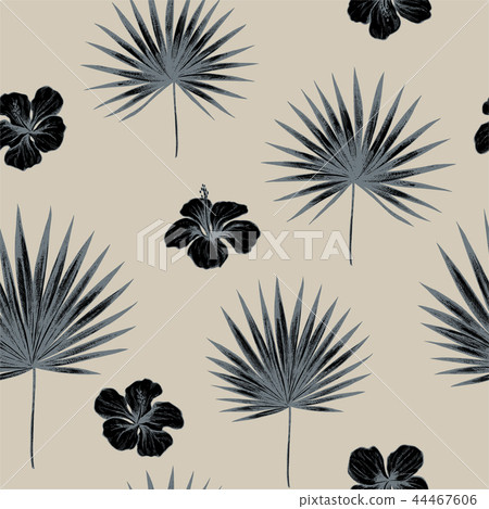 Vector seamless pattern of palm leaves and sugarbush. Hand drawn vector illustration 44467606