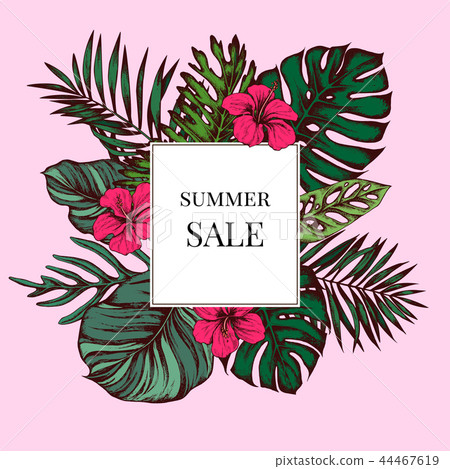 Summer sale badge over tropical leaves on a pink background. Hand drawn vector illustration 44467619