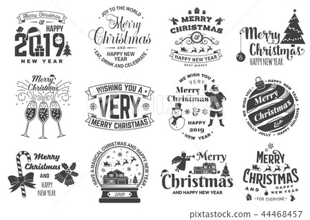 Set of Merry Christmas and Happy New Year stamp, sticker set with snowflakes, hanging christmas ball Set of Merry Christmas and Happy New Year stamp, sticker set with snowflakes, hanging christmas ball 44468457