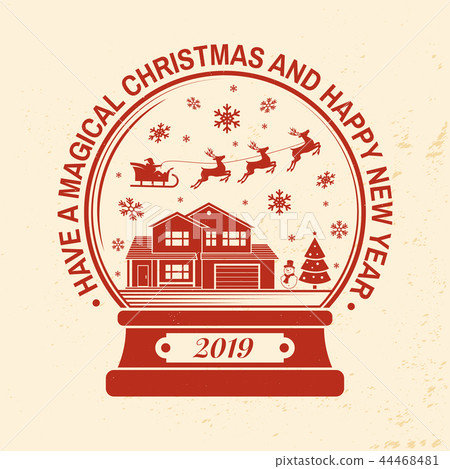 Have a Magical Christmas and Happy New Year stamp, sticker set with snowflakes, christmas snow globe 44468481