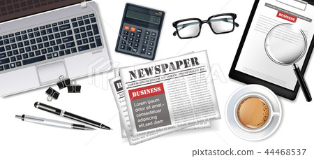 White Office desk laptop, coffee, newspaper White Office desk laptop, coffee, newspaper 44468537