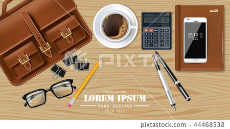 Office desk coffee, smartphone, pen and bag 44468538