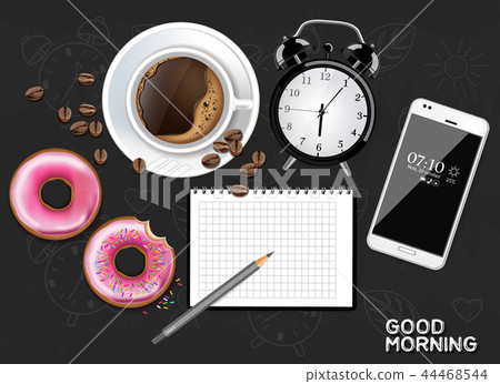 Morning coffee with alarm clock and phone Morning coffee with alarm clock and phone 44468544