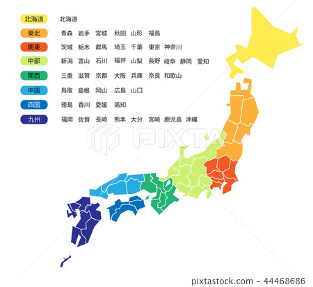 Map of Japan color-coded into 8 with prefecture - Stock