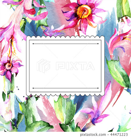 Watercolor pink cacti flower. Floral botanical flower. Frame border ornament square. 44471223