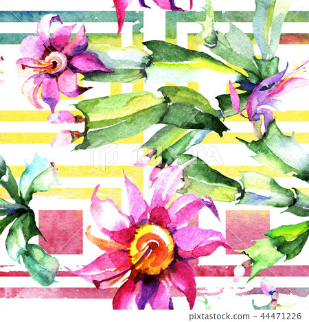 Watercolor pink cacti flower. Floral botanical flower. Seamless background pattern. 44471226