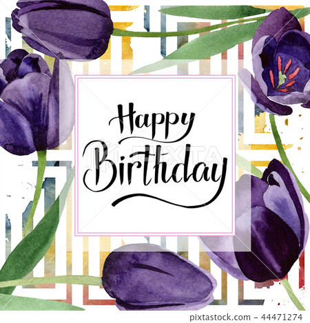 Watercolor black tulips flower. Floral botanical flower. Frame border ornament square. 44471274