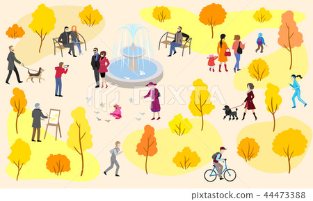 Autumn city park with fountain and walking people - Stock Illustration ...