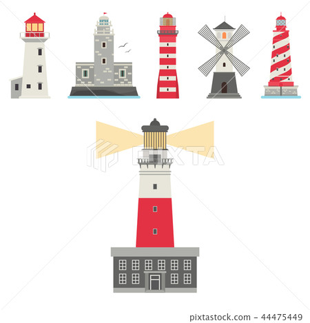 Lighthouses vector flat searchlight towers for maritime navigation guidance ocean beacon light 44475449