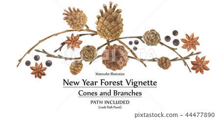 New year design vignette with branches and cones New year design vignette with branches and cones 44477890