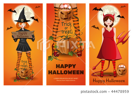 Halloween Banner Set With Girls In Fancy Dress Stock