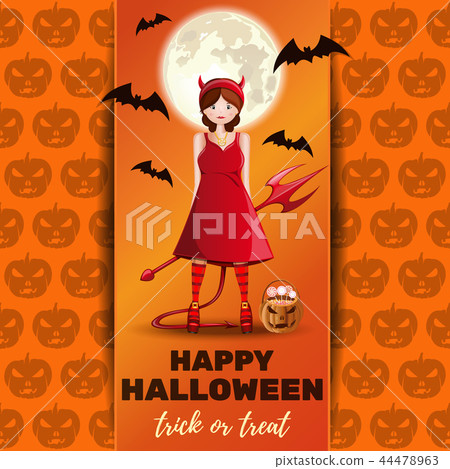 Halloween design with cute girl in a demon costume - Stock Illustration ...