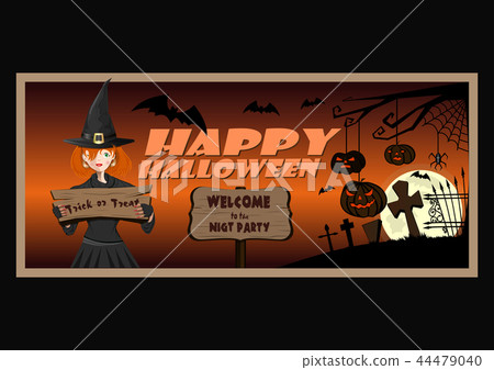 Halloween greeting card wit cute young witch 44479040