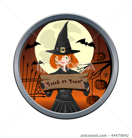 Halloween round sticker wit cute young witch 44479042